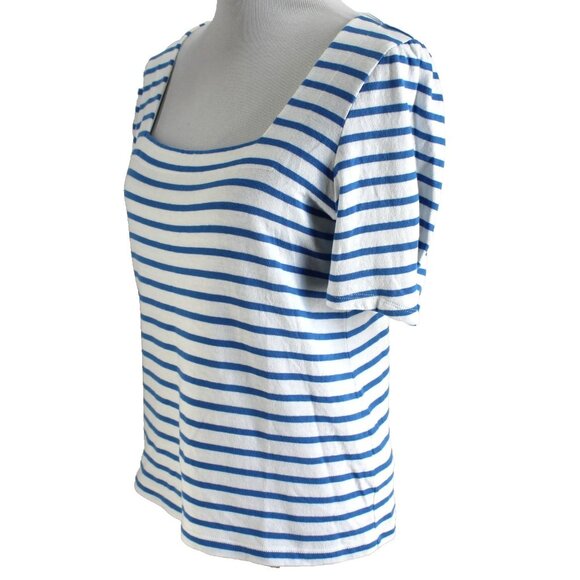 Lands End Knit Top Womens Size M Blue White Stripe Square Neck Short Sleeve - Picture 3 of 7